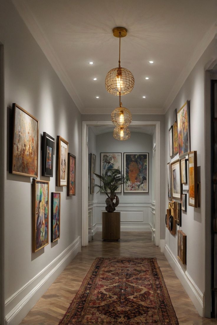 a long hallway with pictures on the wall and a chandelier hanging from the ceiling