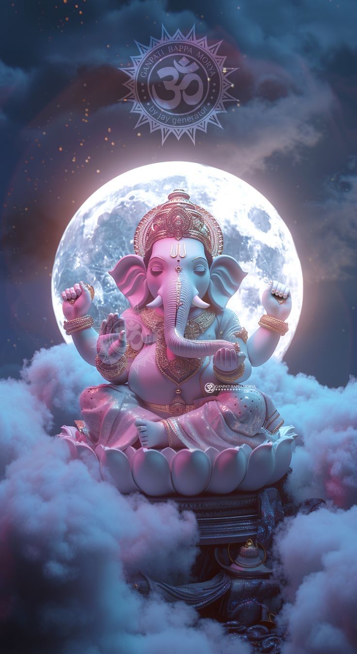 an elephant statue sitting on top of a cloud covered ground with the moon in the background