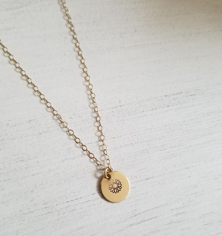 Dainty Gold Sunflower Necklace, Custom Stamped Disc Necklace  #giftforher #sunflowerjewelry Simple Round Pendant Charm Necklace For Everyday, Minimalist Round Charm Necklace With Flower Charm, Dainty Everyday Nickel Free Charm Necklace, Dainty Nickel-free Charm Necklace For Everyday, Delicate Nickel-free Charm Necklace With Round Pendant, Everyday Coin Necklace With Delicate Chain, Delicate Nickel-free Round Pendant Charm Necklace, Everyday Delicate Chain Coin Necklace, Dainty Round Charm Necklace With Moon Charm