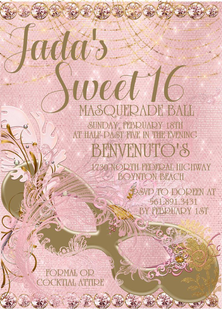 a pink and gold masquerade ball birthday party card with the words, sweet 16