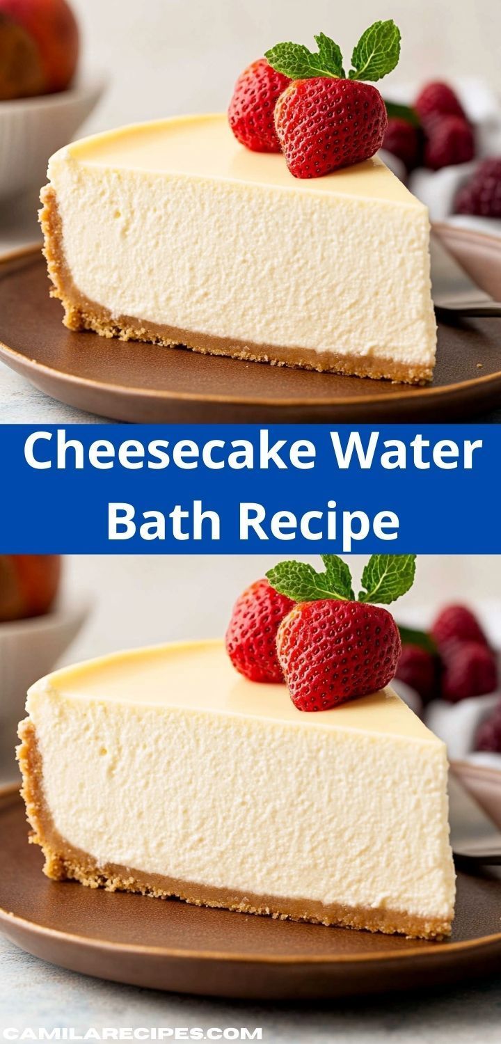 cheesecake waterr bath recipe with fresh strawberries on top and below the cake