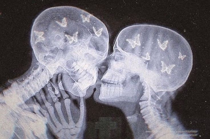 two skeletons kissing each other in front of a black and white background with butterflies on their heads