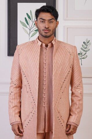 Orange, peach asymmetric hem sherwani with mirror embroidery. Paired with an inner mesh shirt and pant. - Aza Fashions Peach Mirror, Mirror Embroidery, Mesh Shirt, Pant Set, Shirt And Pants, Asymmetric Hem, Aza Fashion, Full Sleeve, Stand Collar