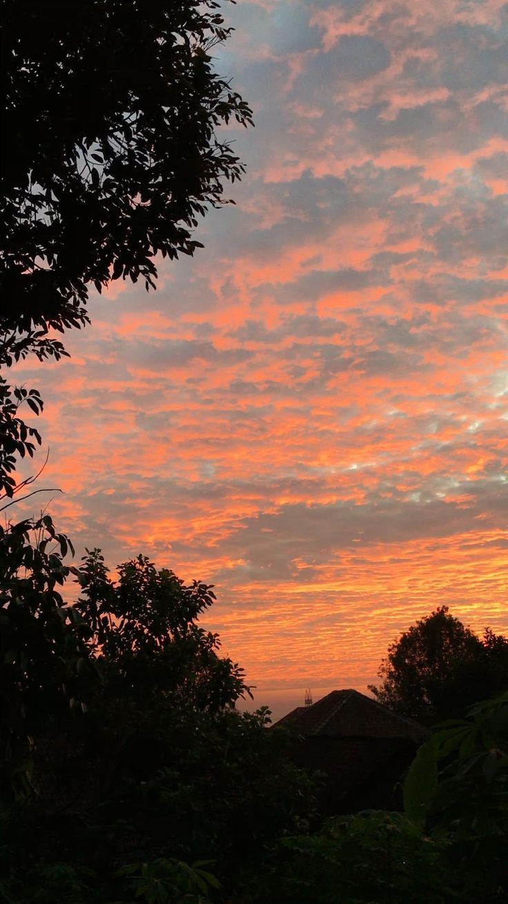 the sun is setting behind some trees