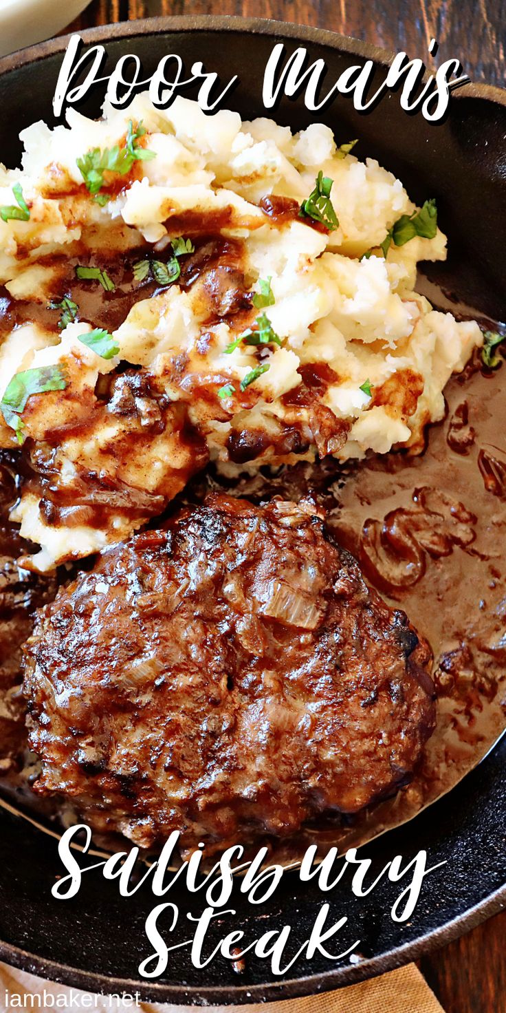 steak, mashed potatoes and gravy in a cast iron skillet