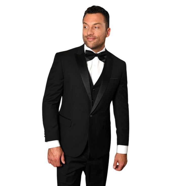 SEmbrace sophistication with the Earl Elegance 3PC Tailored Fit Tuxedo in classic black. This tuxedo is the epitome of formal excellence, featuring a sharp peak lapel and meticulously tailored flat-front pants. The fine 100% wool fabric provides a smooth drape and a soft touch, ensuring you look impeccable at any upscale event. The black colorway offers unparalleled versatility and timeless appeal, making it a fundamental piece in the wardrobe of the discerning gentleman.    Style:  3-piece tail Tuxedo Suits For Black-tie Gala Events, Fitted Tuxedo For Gala, Notch Lapel Tuxedo For Black-tie Gala Events, Black Tuxedo With Pressed Crease For Evening, Tuxedo For Black-tie Events And Galas, Black Evening Tuxedo With Pressed Crease, Black-tie Gala Tuxedo Suits, Classic Black Tuxedo For Gala, Classic Black Suits For Gala