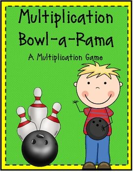 a boy holding a bowling ball next to a bowling pin with the words'multiplication bowl - a - rama '