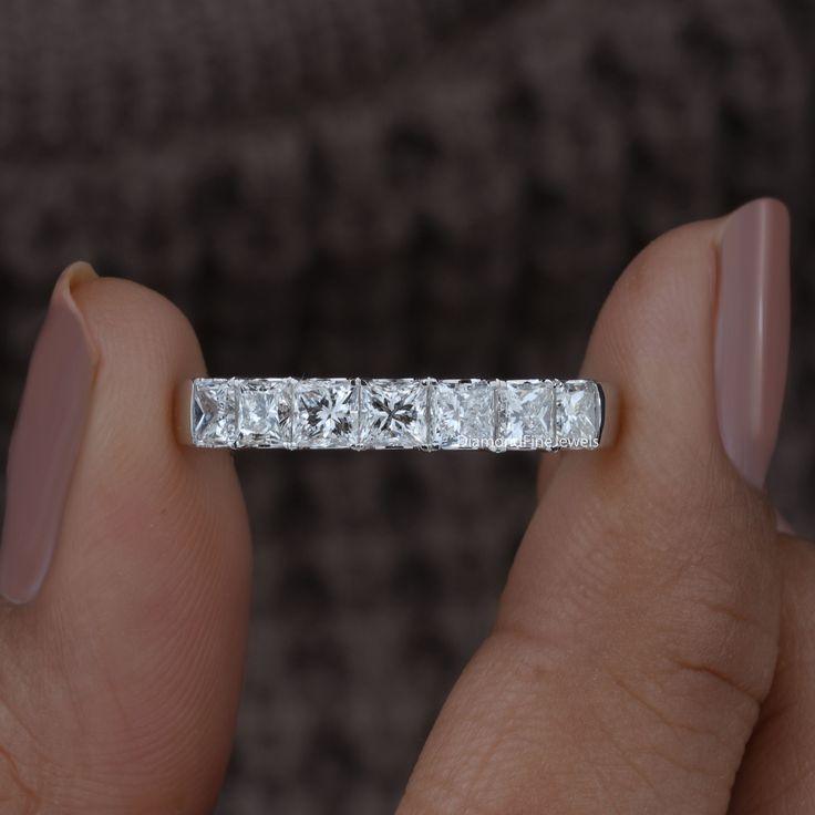 3 MM Princess cut Lab Diamond Wedding Band, Princess Moissanite Band, 7 Stone Ring, Princess Diamond Ring, Anniversary Band,  Stackable Ring,  Bridal Matching Band ● 𝐃𝐢𝐚𝐦𝐨𝐧𝐝 𝐃𝐞𝐭𝐚𝐢𝐥𝐬: ➢ Diamond Type: Lab Grown Diamond ( EF - VS) / Moissanite ( DE - VVS) ➢ Diamond Shape : Princess Cut ➢ Size : 3 MM ➢ Carat Weight : 1.3 TCW apx 𝐀𝐥𝐥 𝐥𝐢𝐬𝐭𝐞𝐝 𝐫𝐢𝐧𝐠 𝐚𝐫𝐞 𝐦𝐚𝐝𝐞 𝐚𝐬 𝐚 𝐜𝐮𝐬𝐭𝐨𝐦 𝐨𝐫𝐝𝐞𝐫, 𝐚𝐧𝐝 𝐡𝐞𝐧𝐜𝐞, 𝐭𝐡𝐞 𝐦𝐞𝐚𝐬𝐮𝐫𝐞𝐦𝐞𝐧𝐭𝐬 𝐨𝐫 𝐜𝐚𝐫𝐚𝐭 𝐰𝐞𝐢𝐠𝐡𝐭 ? Eternity Ring Diamond Stack Princess Cut, White Gold Stackable Princess Cut Rings For Anniversary, Princess Cut Diamond Eternity Band For Anniversary, Diamond Princess Cut Eternity Band For Anniversary, Silver Princess Cut Stackable Anniversary Rings, Anniversary Multi-stone Princess Cut Rings, Princess Cut Wedding Band, Princess Diamond Ring, Vvs Diamond