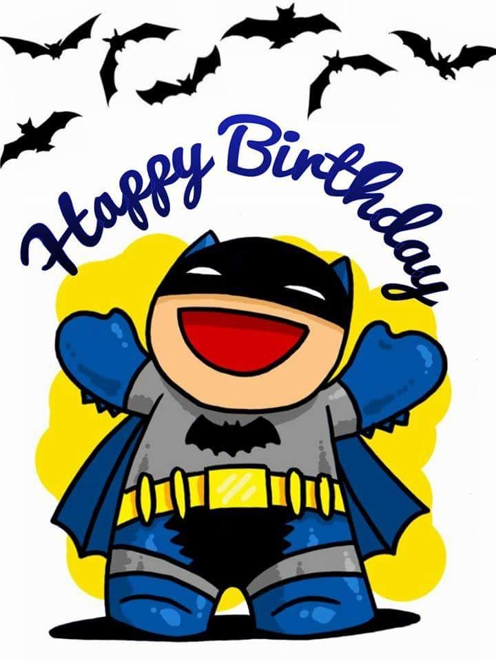 a happy birthday card with a cartoon character wearing a batman costume and bats in the background