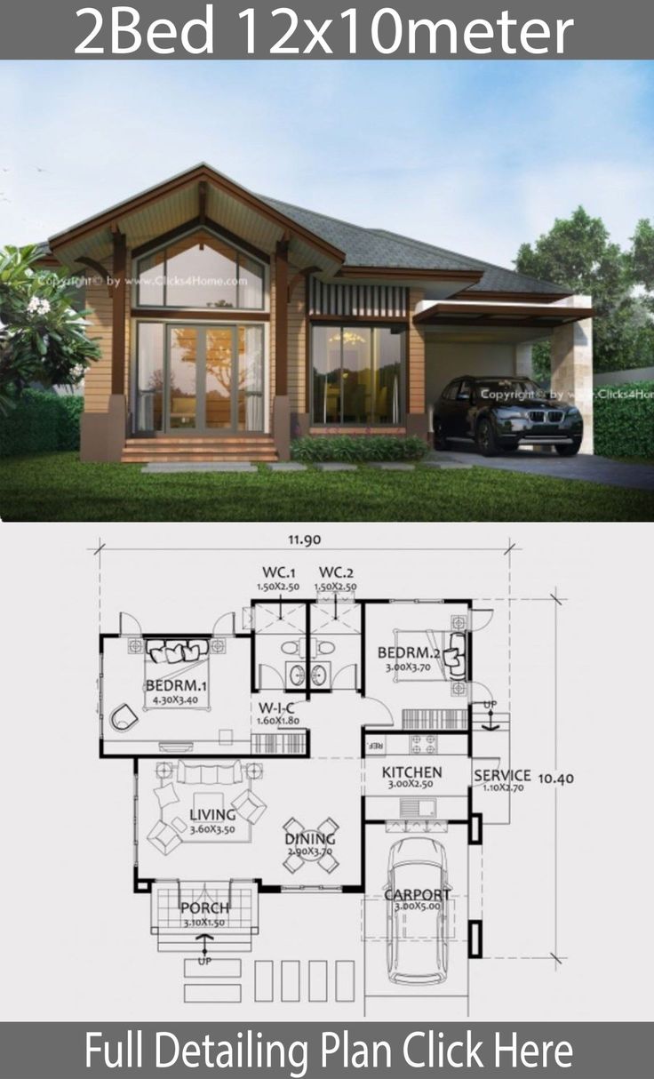 two story house plan with 2 beds and 1 baths on the first floor, an open living