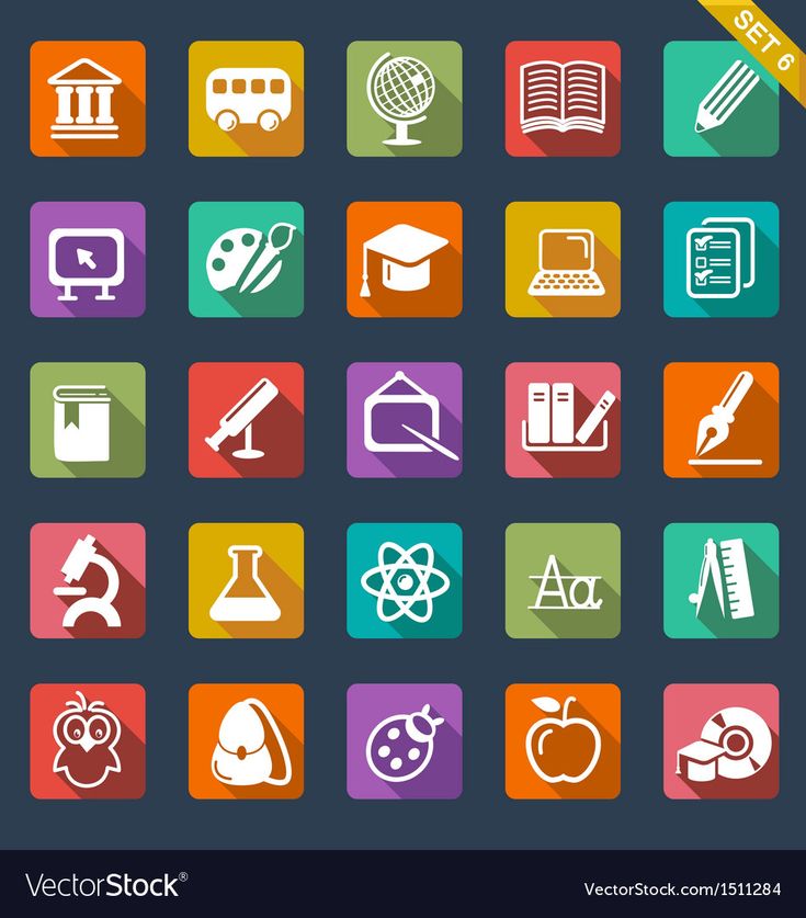 colorful flat icons with long shadows on dark background, including books and school supplies - stock photo