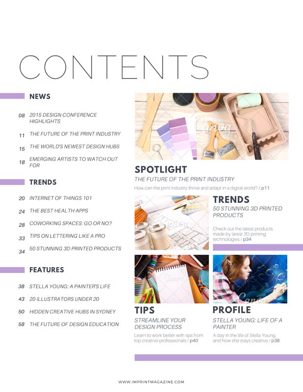 the contents of a magazine are shown in purple and white, with text that reads contents