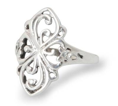 Sterling arabesques form a pattern of four beautiful petals. Centering a ring from Thailand's Wadarat Supasirisuk they feature a delightful texture. .925 Sterling silver Elegant Round Butterfly Ring Stamped 925, Elegant Butterfly Wedding Ring Stamped 925, Elegant Wedding Butterfly Ring Stamped 925, Elegant Silver Filigree Flower Ring, Elegant Silver Hallmarked Butterfly Ring, Silver Cocktail, Sterling Silver Rings Bands, Silver Band Ring, Sterling Silver Bands