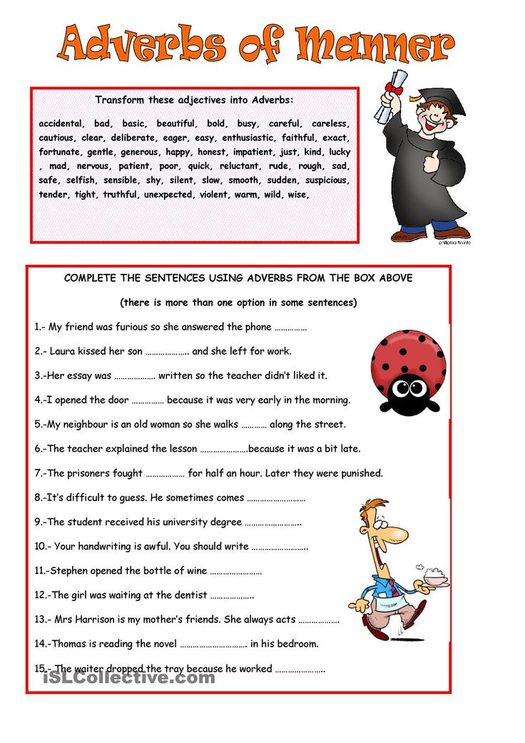 the worksheet for an advers of manner with pictures and text