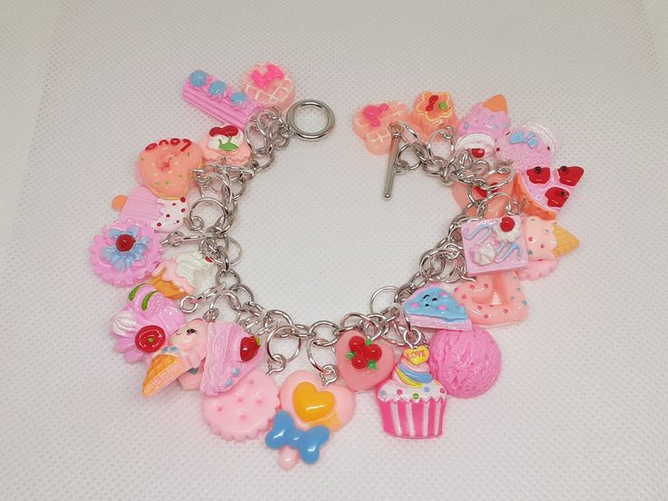 This is a one of a kind fun pink charm bracelet. It is made with27 resin charms and silver tone materials.  Be sure to look at NY other items too! Pink Charms Bracelets Novelty Style, Pink Novelty Bracelets With Charms, Playful Pink Jewelry With Removable Charms, Pink Fun Charm Bracelet, Pink Novelty Dangle Jewelry, Pink Fun Dangle Jewelry, Fun Pink Dangle Jewelry, Fun Pink Bracelets With Charms, Cute Nickel-free Charm Bracelet For Birthday