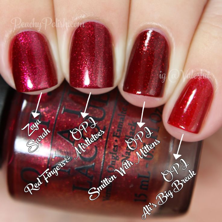 OPI Red Fingers & Mistletoes | Holiday 2014 Gwen Stefani Collection Comparisons | Peachy Polish Opi Christmas Nails, Ruby Red Nails Acrylic, Holiday Red Nails, Red Shimmer Nails, Opi Red Nail Polish, Red Sparkle Nails, Red Sparkly Nails, Sparkle Nail Polish, Opi Red