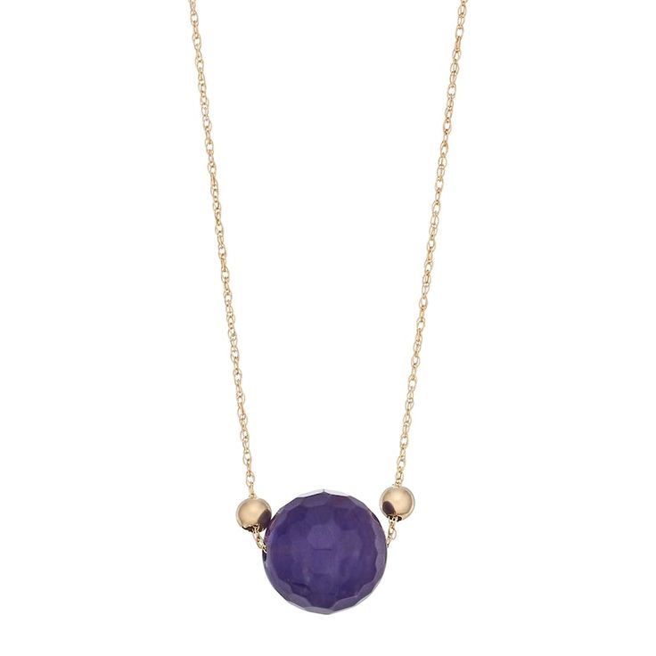 "Feminine style abounds with this 14k gold amethyst bead necklace.NECKLACE DETAILSPendant length: 10 mmChain length: 18 in. Clasp: spring-ringMetal: 14k goldPackaging: boxedSTONE DETAILSStone type: amethystTotal weight: 1 ct.Shape: round faceted beadGemstones may have been treated to enhance their appearance. Special care may be required. Size: 18"". Color: Purple. Gender: female. Age Group: adult." Necklace Bead, Amethyst Beads, Amethyst Necklace, Faceted Bead, Metal Rings, Bead Necklace, Feminine Style, Spring Rings, Gemstone Necklace