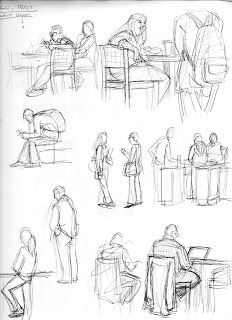 sketches of people sitting at tables and talking