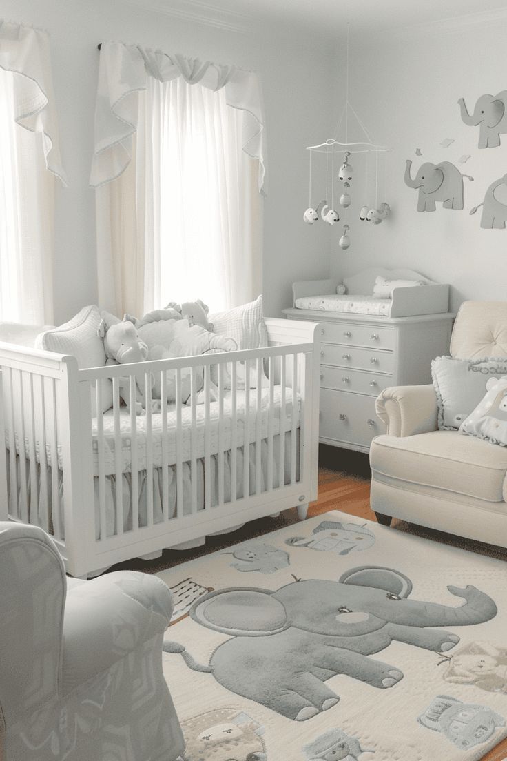 a baby's room with an elephant rug and crib