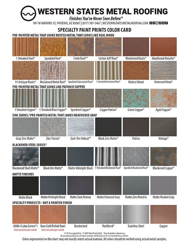 the western states metal roofing catalog is shown in color and size, with different materials