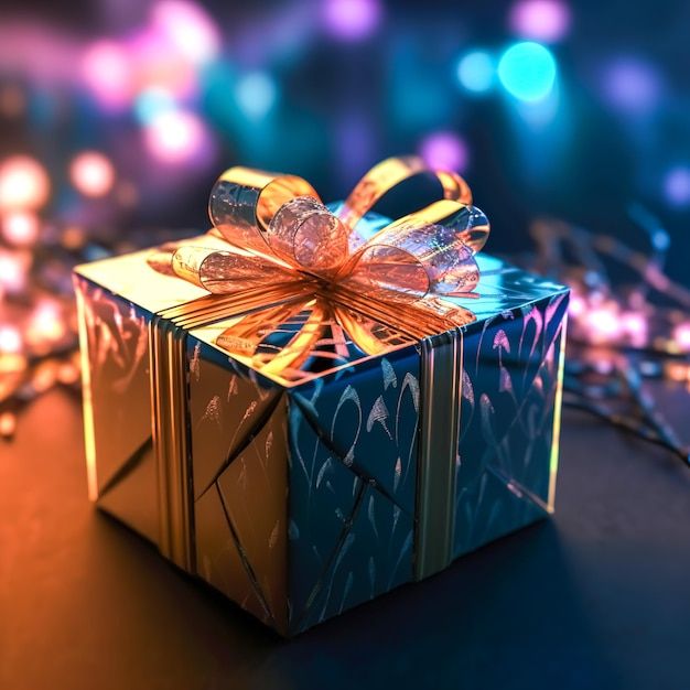 a blue gift box with a gold bow on it and some lights in the background