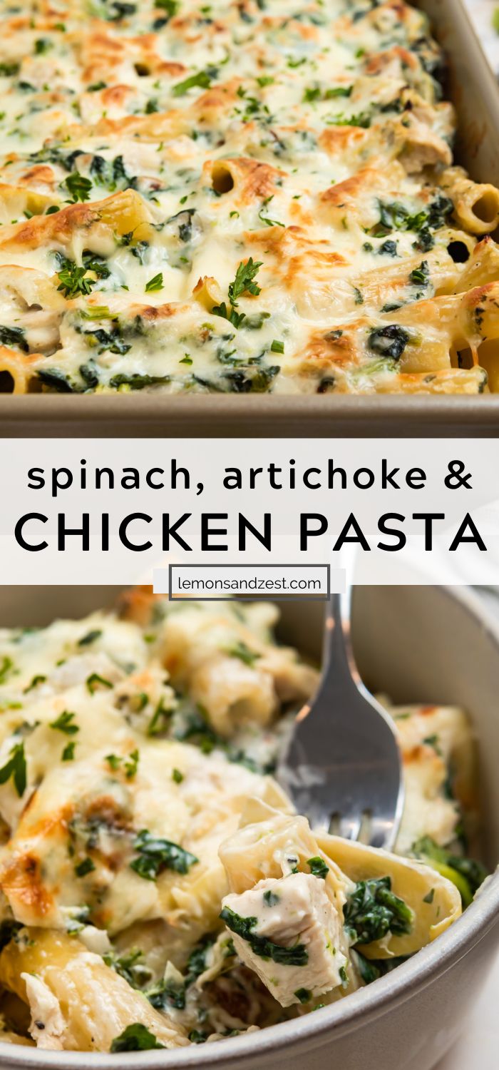 spinach, artichoke and chicken pasta casserole in a white dish