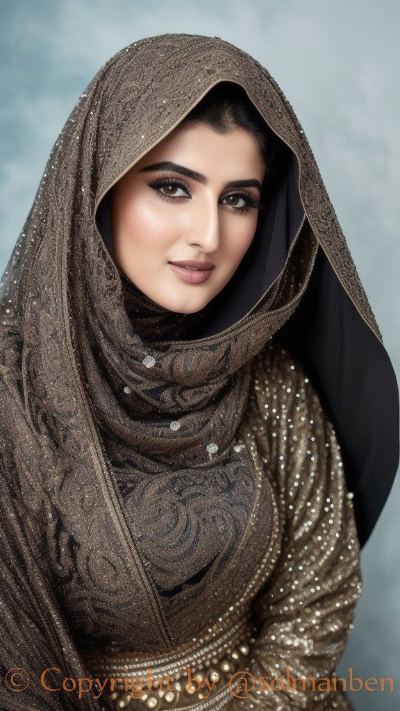 a woman wearing a brown and black hijab with gold sequins on it