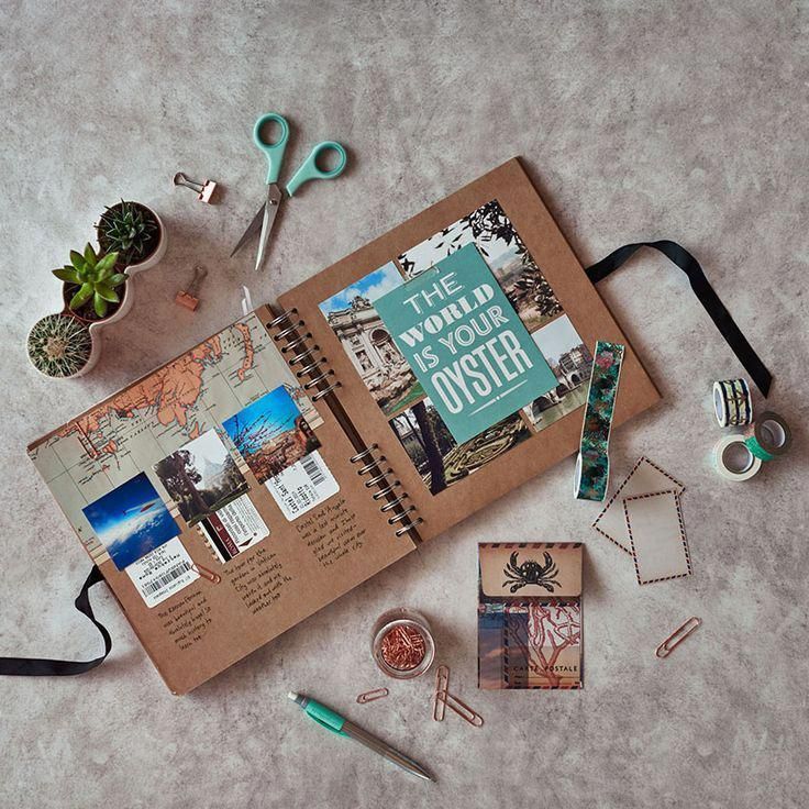 the contents of a travel book are laid out on the floor next to scissors and other items