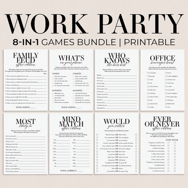 the printable work party game bundle includes 8 games