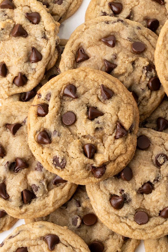 chocolate chip cookies piled on top of each other