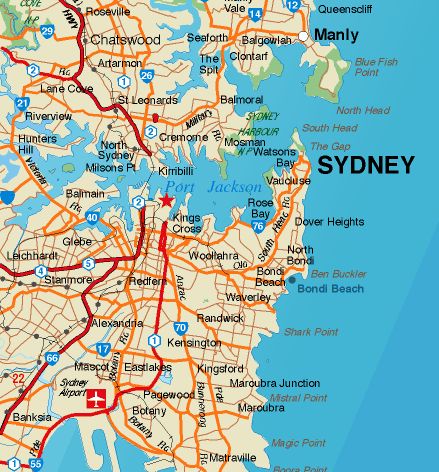 a map of sydney with all the roads and major cities on it's side