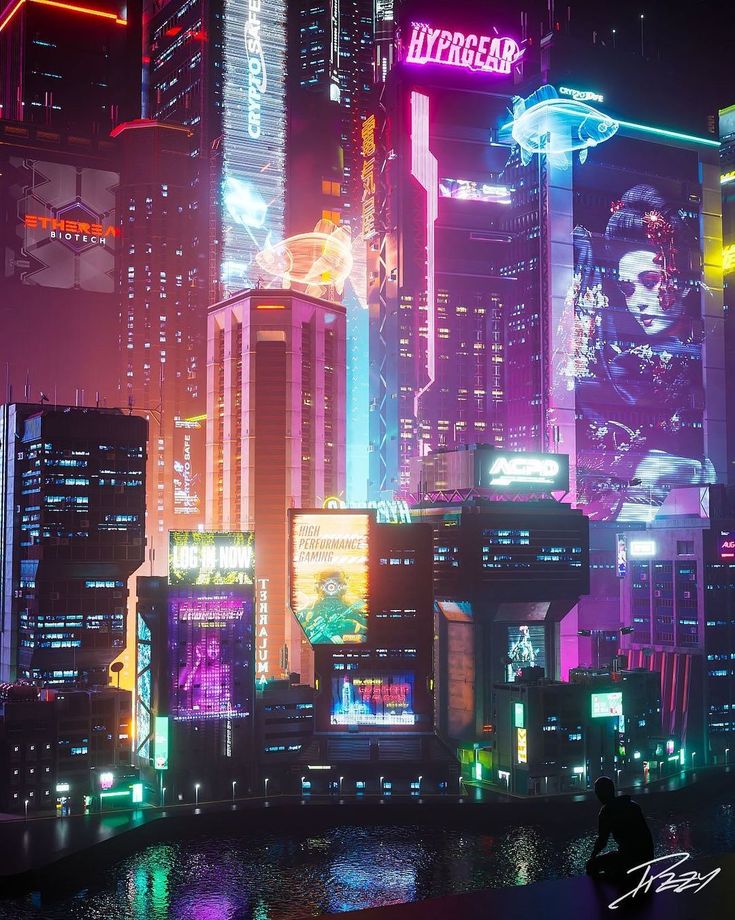 a futuristic city at night with neon lights