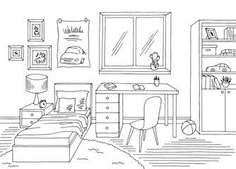 Kids Bedroom Line Drawing - Black and White Sketch