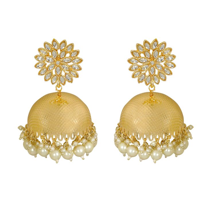 PRICES MAY VARY. Product Dimension :Earrings Height - 2.8 Inch x Width - 1.4 Inch, Weight - 50 gms Exquisite Design: Featuring an intricate floral pattern with marquise-shaped crystals and lustrous gold-toned metal, these earrings exude timeless elegance. Ornate Jhumka Style: The earrings showcase a traditional jhumka silhouette with a domed gold-toned base adorned with delicate pearls and crystal accents. Lightweight Comfort: Crafted with precision, these earrings are designed to be lightweight Traditional Jhumka, Shaped Crystals, Floral Studs, Ethnic Looks, Kundan Earrings, Indian Earrings, Jhumka Earrings, Ethnic Jewelry, Exquisite Design