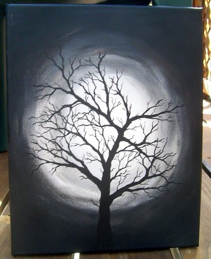 a black and white painting of a tree with the moon in the background