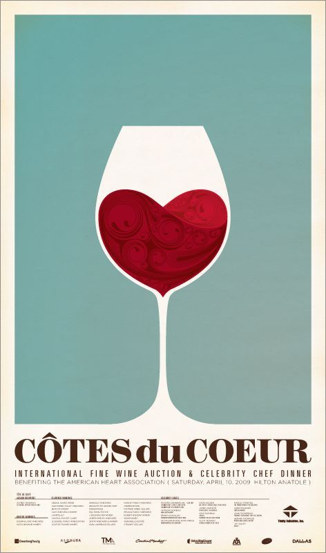 a poster with a glass of wine in the shape of a heart on it's side