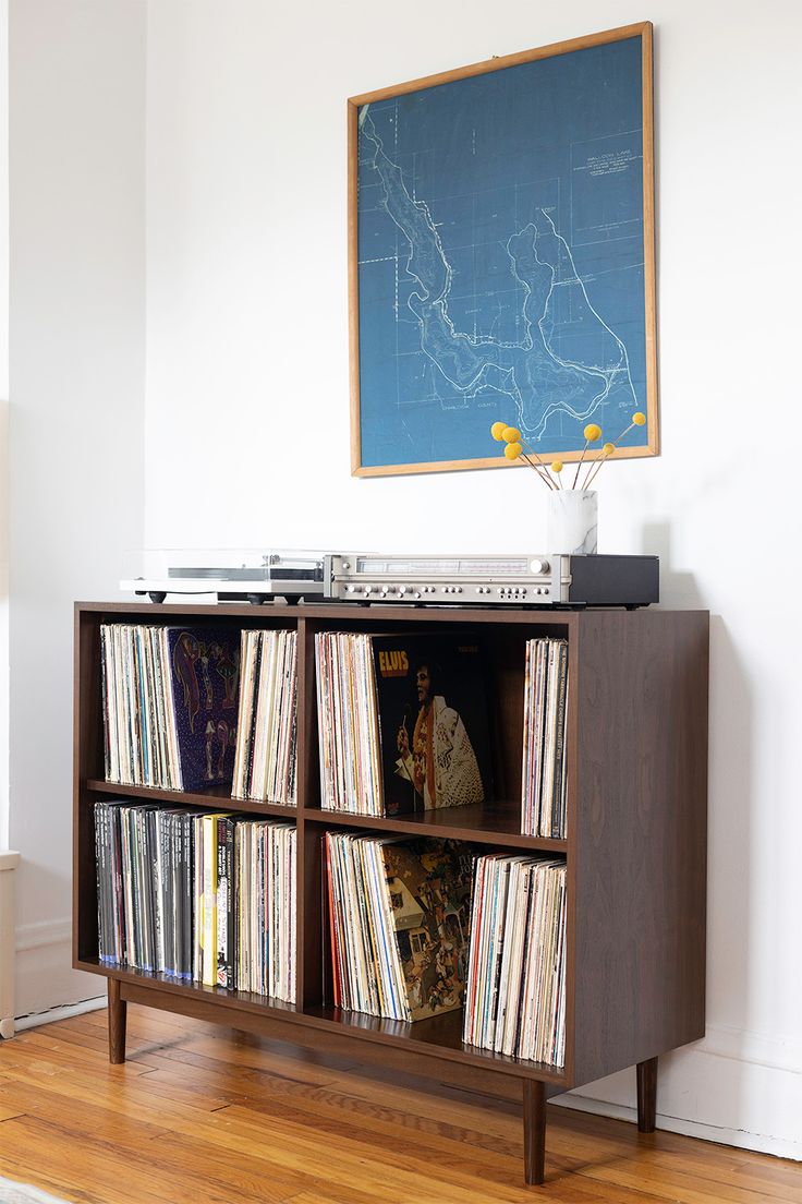 Department Home: Our 2 x 2 cabinet staged and set up with records and a turntable and component on top. Vinyl Record Furniture, Record Storage Cabinet, Music Rooms, Record Cabinet, Cabinet Detailing, Record Display, Equipment Storage, Record Holder, Vinyl Storage