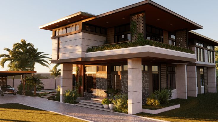 a modern house is shown with plants on the balconies