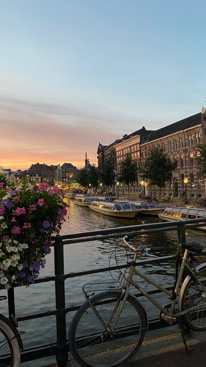 two bikes parked next to each other on the side of a river with boats and buildings in the background