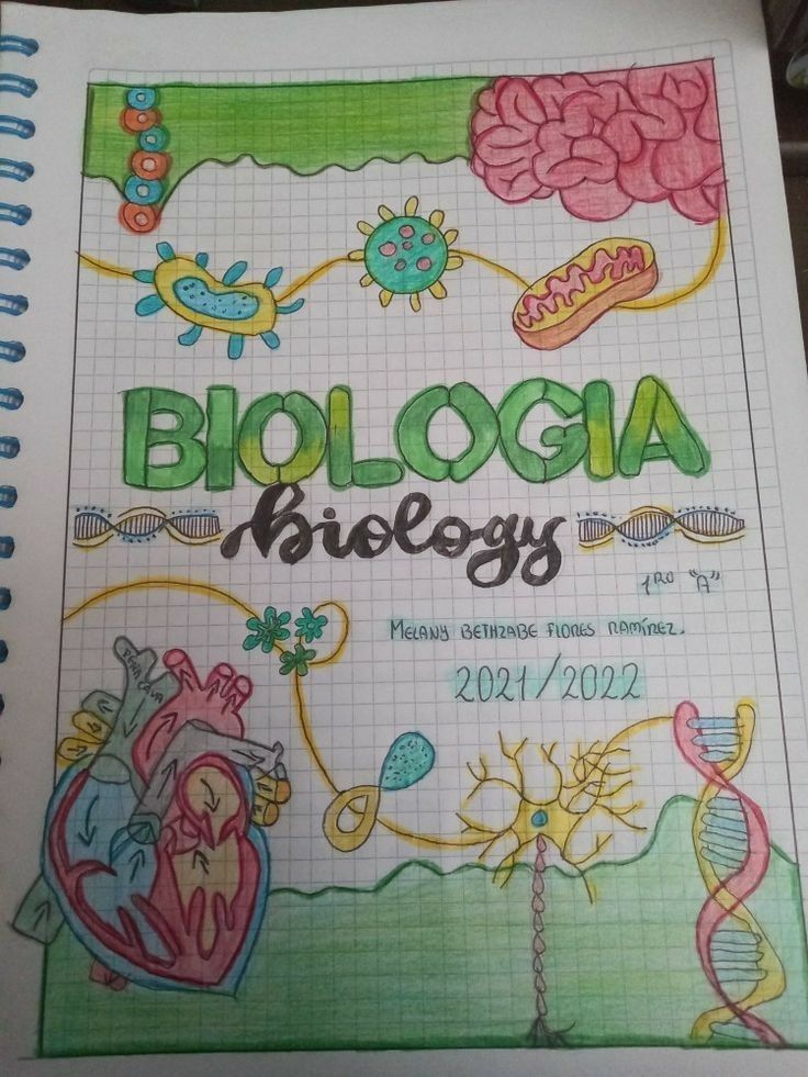 a notebook with the words biologia on it and pictures of animals, plants, and flowers