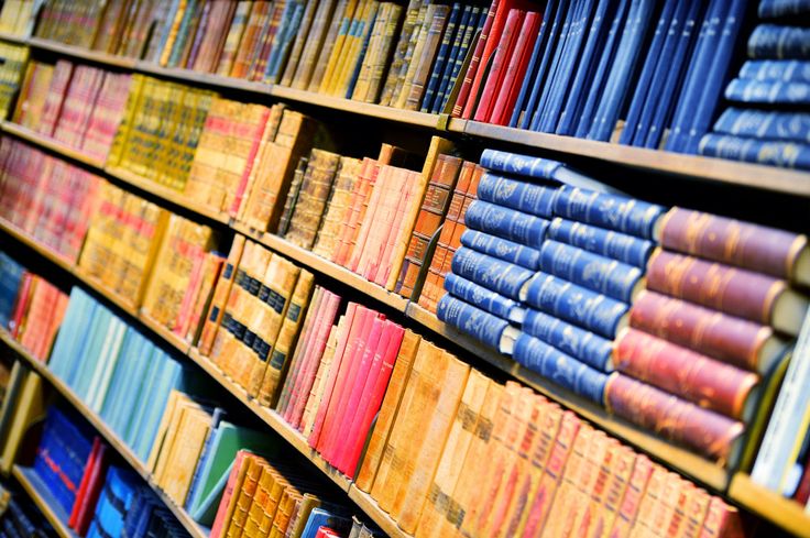 rows of books are lined up on the shelves in a library, with blue and red covers