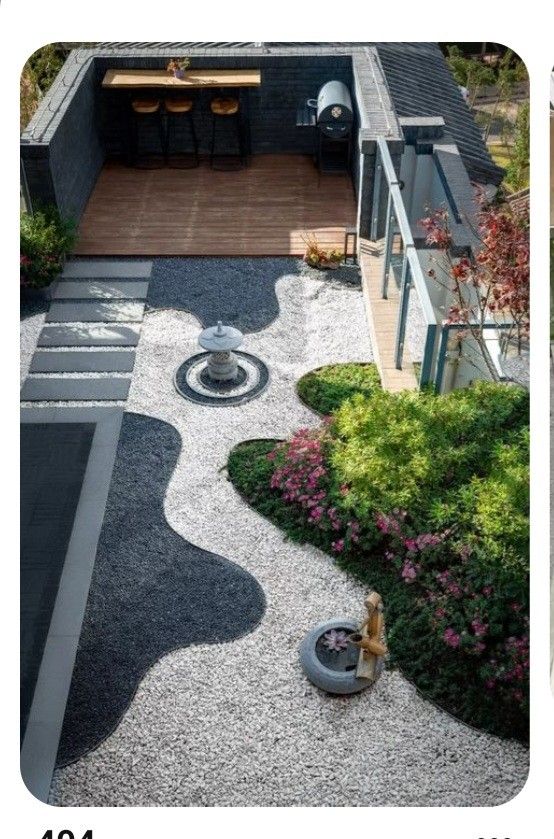 an aerial view of a backyard with gravel and rocks in the foreground, landscaping on the other side