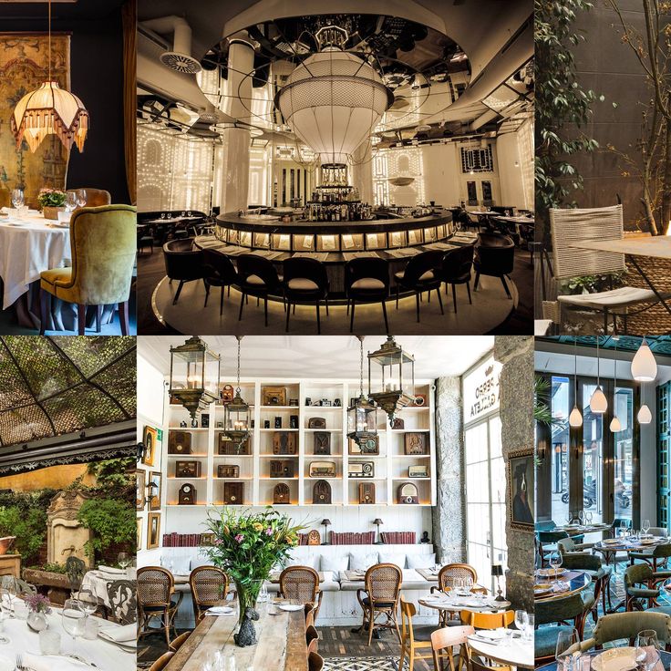 a collage of photos with tables, chairs and chandeliers in different rooms