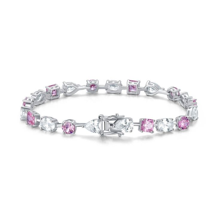 Sparkling Princess Tennis Bracelet White Crystal Bracelets Fine Jewelry, Pink Sparkling Stones Bracelet For Wedding, Pink Wedding Bracelets With Sparkling Stones, White Sparkling Stone Bangle Bracelet, White Bangle Bracelet With Sparkling Stones, Classic Cubic Zirconia Bracelets For Valentine's Day, Pink Crystal Wedding Bracelets, Elegant Bracelets For Valentine's Day Party, Elegant Valentine's Day Bracelets For Party