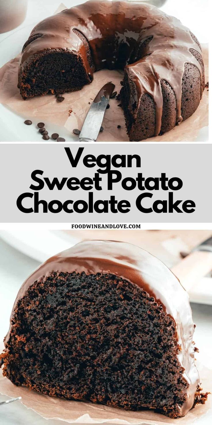 a chocolate cake with frosting on top and the words vegan sweet potato chocolate cake