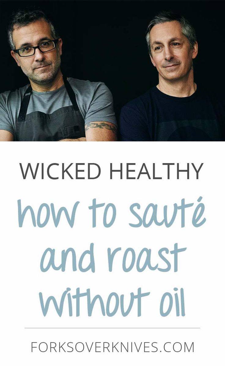 two men in aprons with the words, how to saute and roast without oil