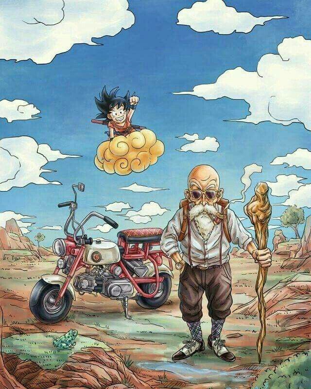 an old man standing next to a motorcycle in the middle of a desert with clouds above him