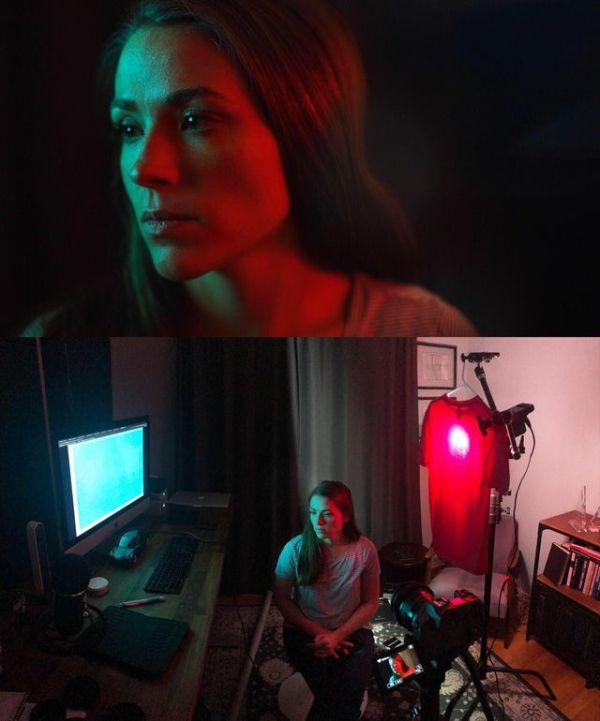 two images one is a woman and the other has a red light in her room