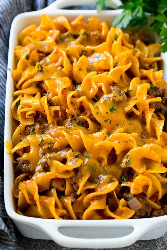 a casserole dish with meat and cheese