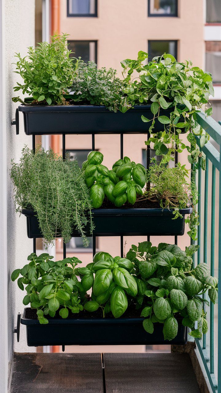 an assortment of herbs are growing on the balcony